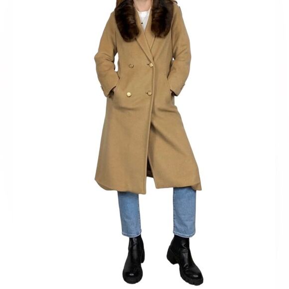 Vintage 70s Size 8 (Medium)Neutral Tan w/ Fur Accent Wool Blend Peacoat Jacket - Picture 1 of 10